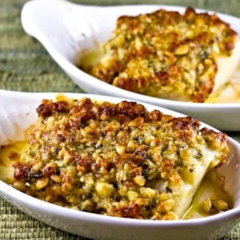 Low-Carb Baked White Fish with Pine Nut, Parmesan, and Basil Pesto Crust found on KalynsKitchen.com