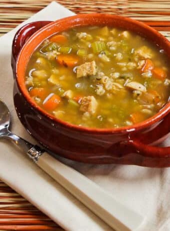 Chicken Barley Soup square image of soup in orange serving bowl