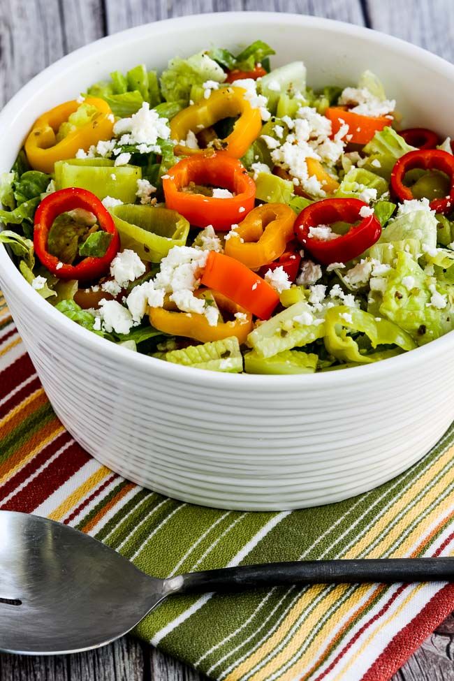 Peperoncini Chopped Salad with Romaine, Red Bell Pepper, and Feta found at KalynsKitchen.com