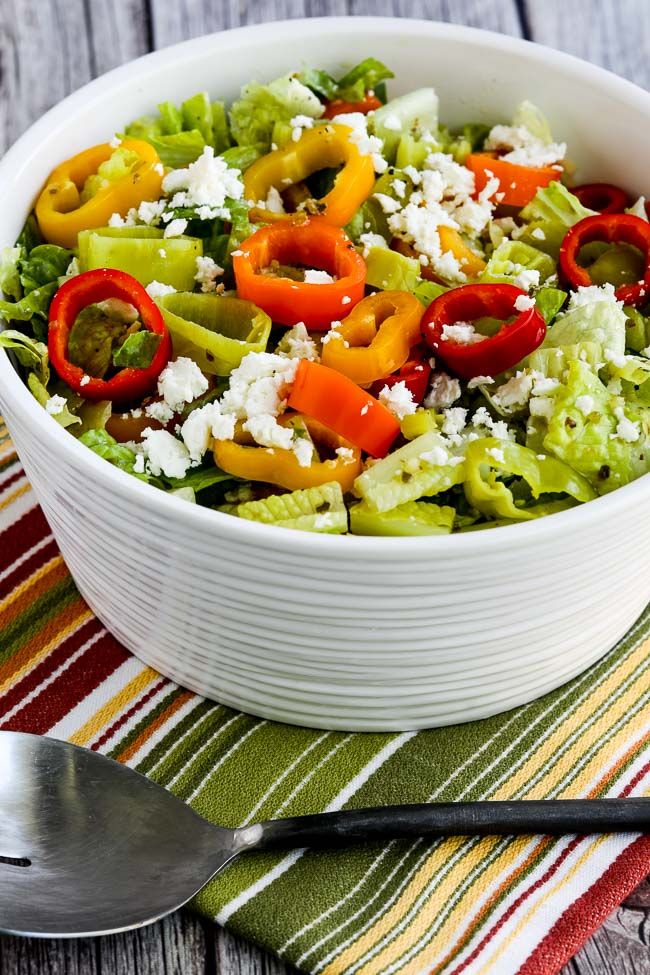 Peperoncini Chopped Salad with Romaine, Red Bell Pepper, and Feta found on KalynsKitchen.com