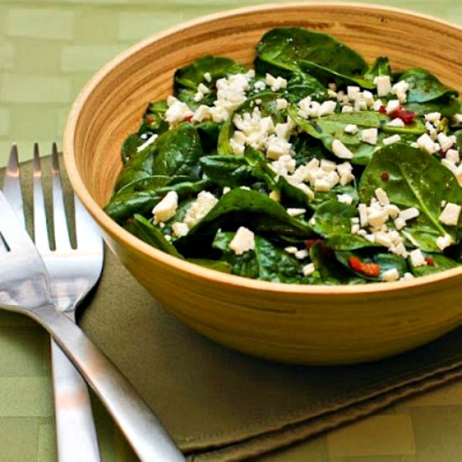 Low-Carb Spinach Salad with Bacon and Feta found on KalynsKitchen.com