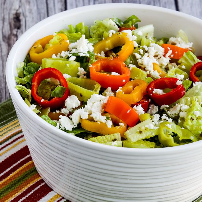 Peperoncini Chopped Salad with Romaine, Red Bell Pepper, and Feta found on KalynsKitchen.com
