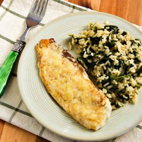 White Fish with Parmesan Crust on plate with rice and kale