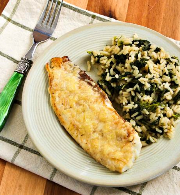White Fish with Parmesan Crust on plate with rice and kale