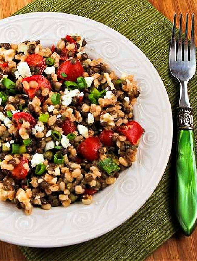Lentil and Barley Greek-Style Salad on white plate with green fork.
