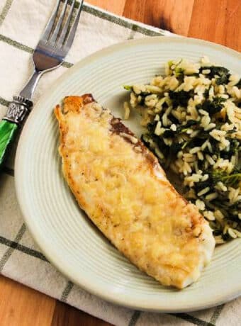 Square image for Parmesan Crusted Fish shown on plate with rice.