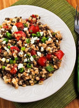 Square image for Lentil and Barley Greek-Style Salad shown on plate with fork.