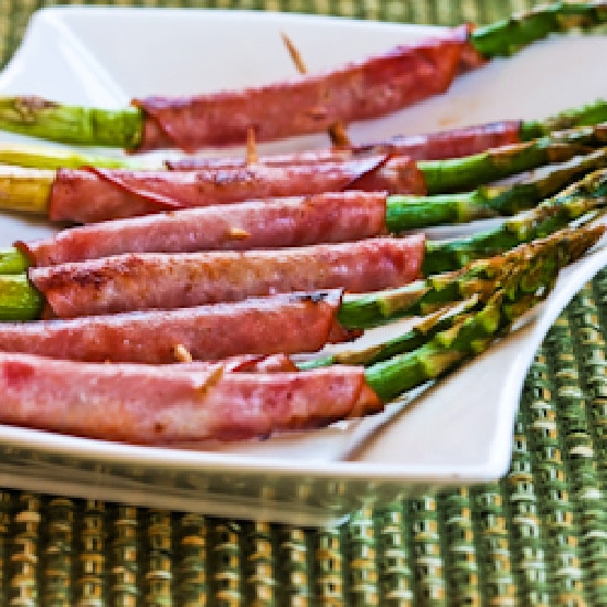 Asparagus Wrapped in Ham shown in serving dish