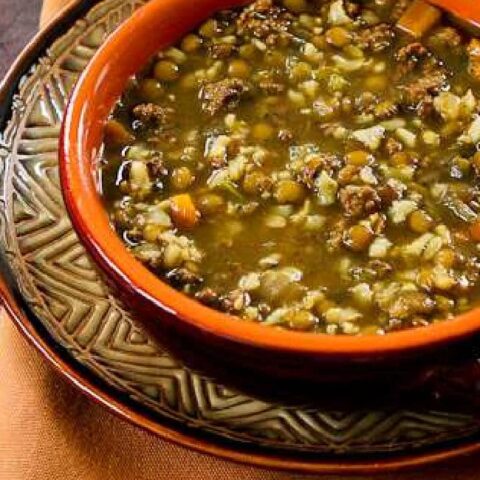 Lentil Soup with Ground Beef in serving bowl.