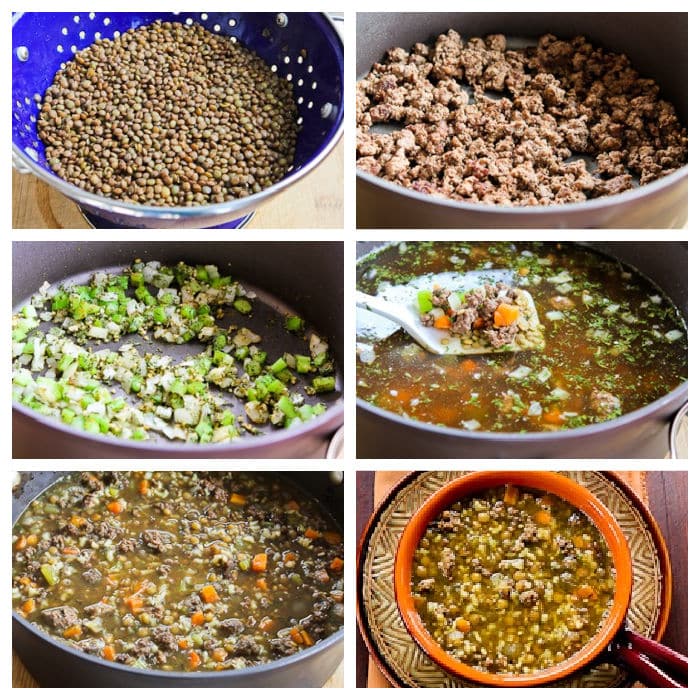 Lentil Soup with Ground Beef collage of recipe steps.