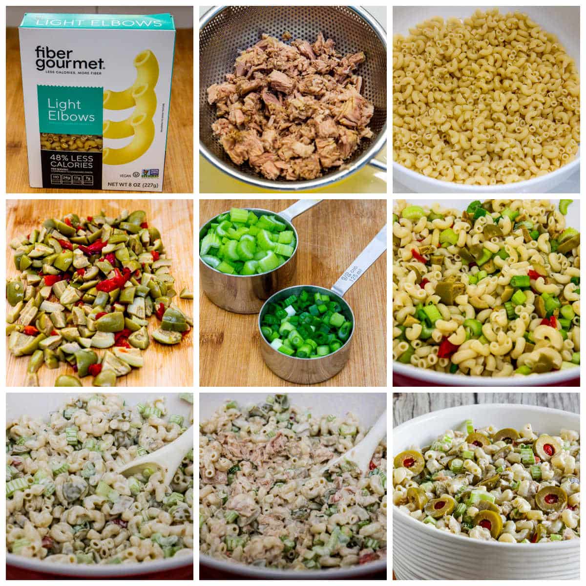 Tuna Macaroni Salad with Green Olives collage of recipe steps
