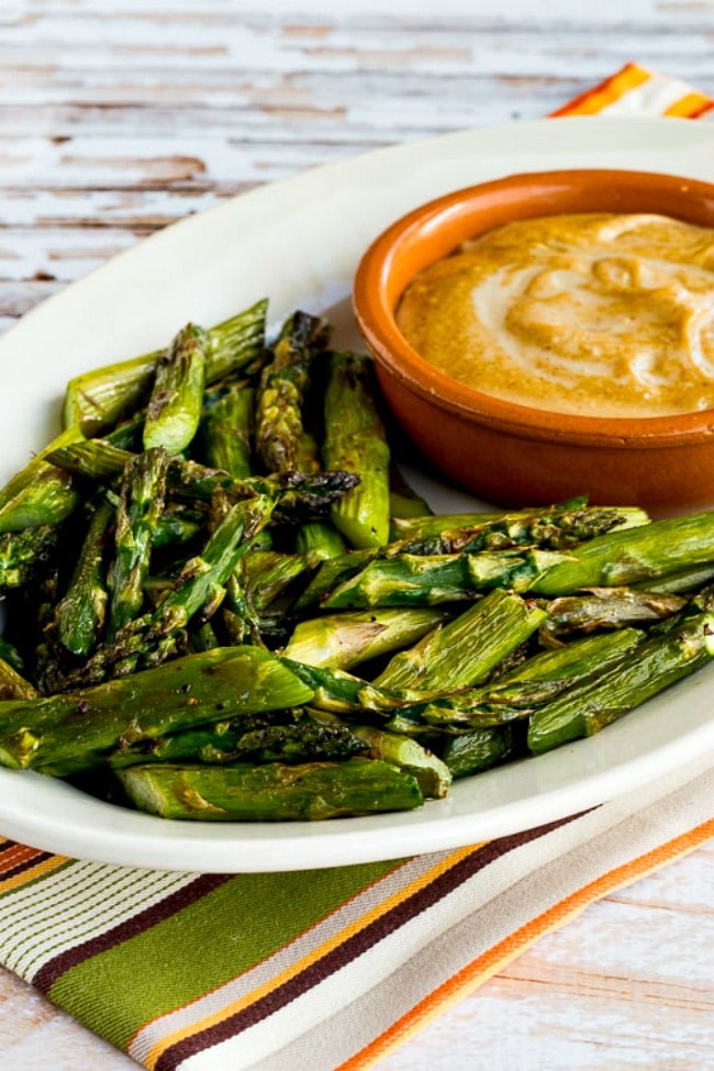 Roasted Asparagus with Creamy Tahini-Peanut Dipping Sauce found on KalynsKitchen.com