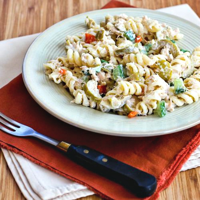 Tuna Pasta Salad with Green Olives finished salad in serving bowl