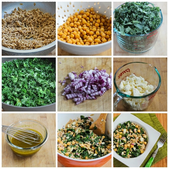 Orzo Salad with Kale, Chickpeas, Lemon, and Feta process shots collage
