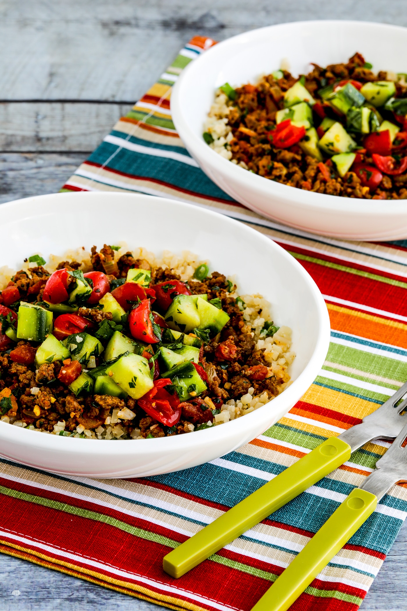 Middle Eastern Ground Beef Bowls two bowls assembled and ready to eat