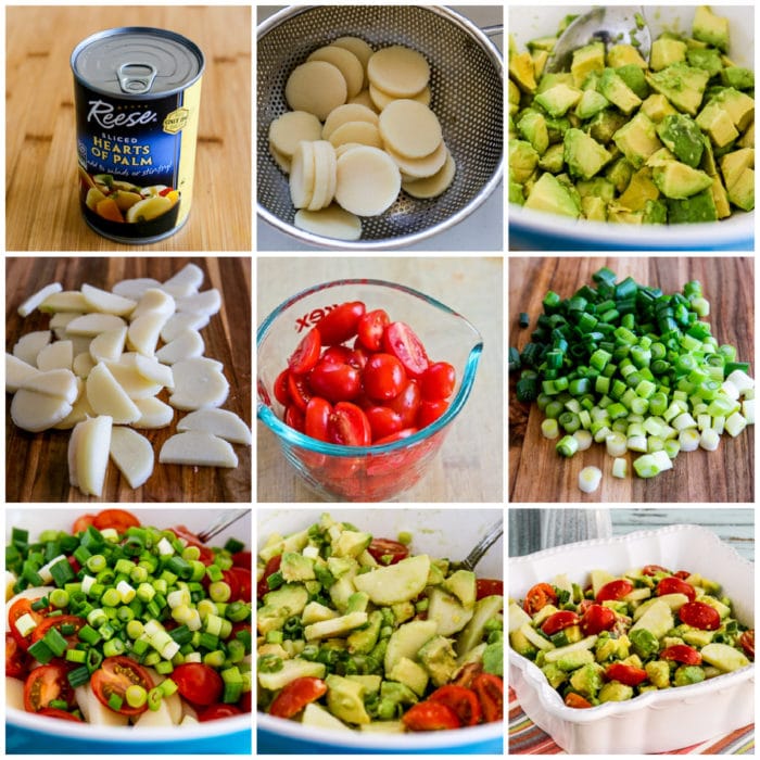 Heart of Palm Salad with Tomato and Avocado process shots collage photo