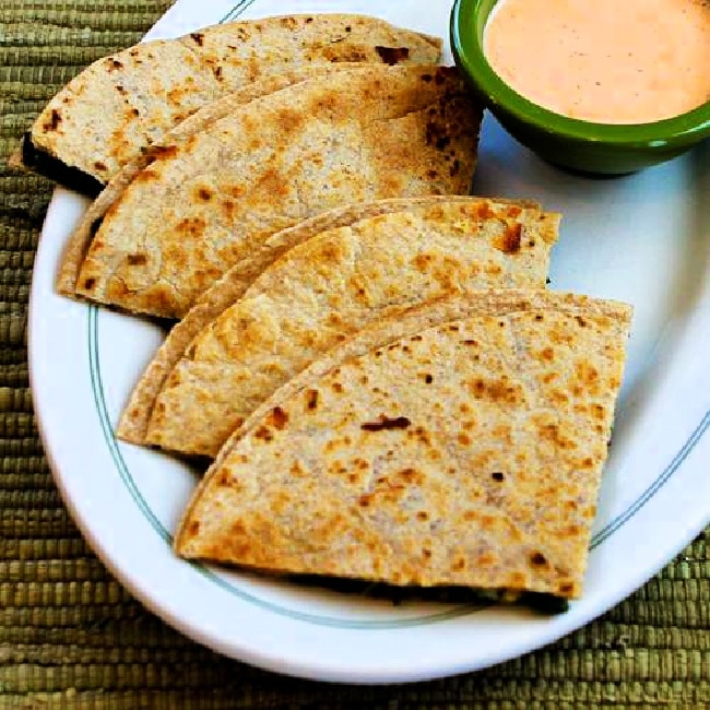 Kale and Cheese Quesadillas finished on serving plate with Sriracha Ranch Dipping Sauce