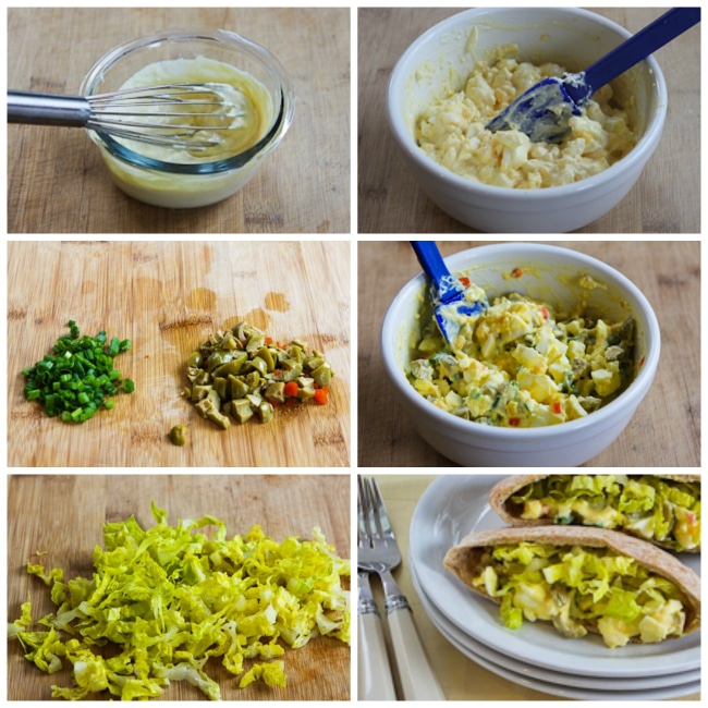 Low-Carb Egg Salad in Pita with Green Olives, Green Onions, and Dijon process shots collage