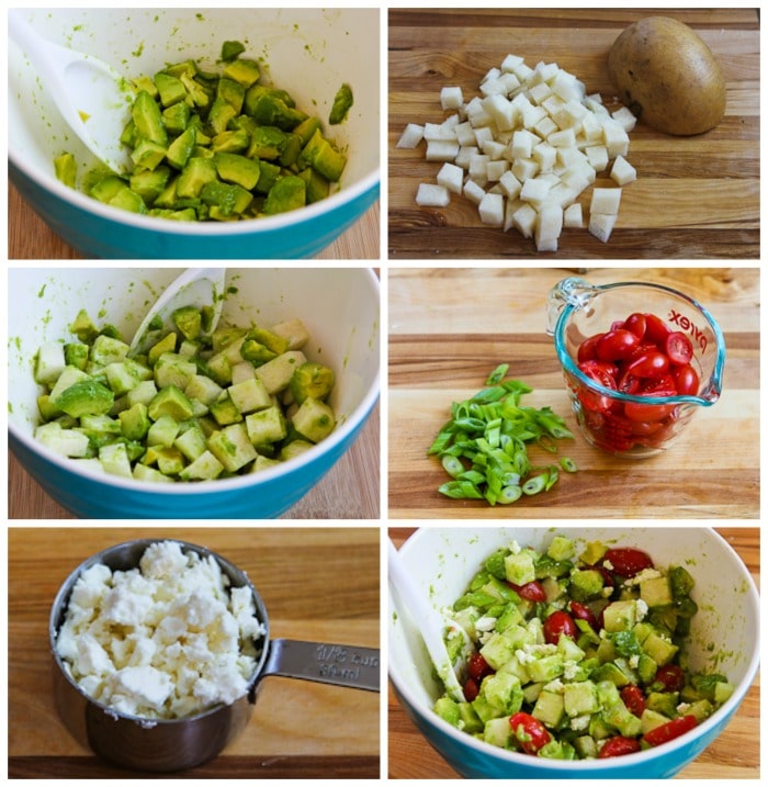 Jicama Salad with Tomato, Avocado, Lime, and Feta process shots collage