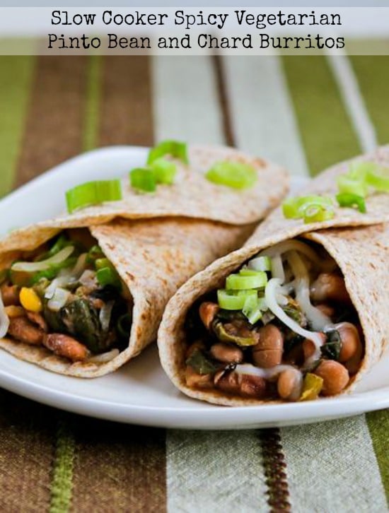 Slow Cooker Spicy Vegetarian Pinto Bean and Chard Burritos found on KalynsKitchen.com