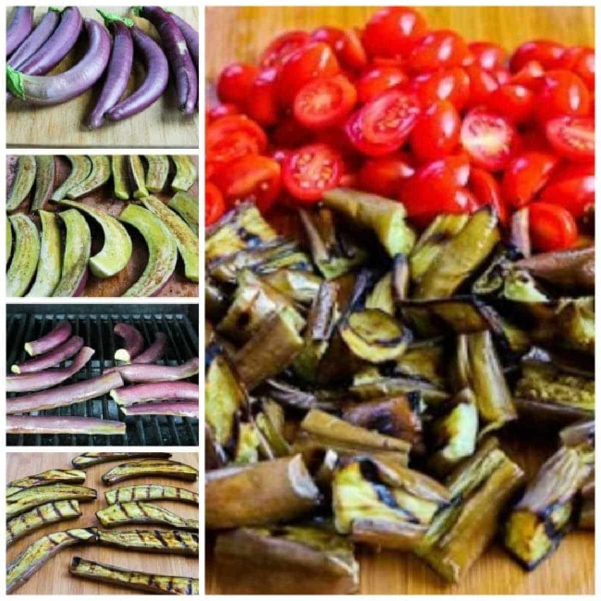 Grilled Eggplant Salad collage of preparing and grilling eggplant