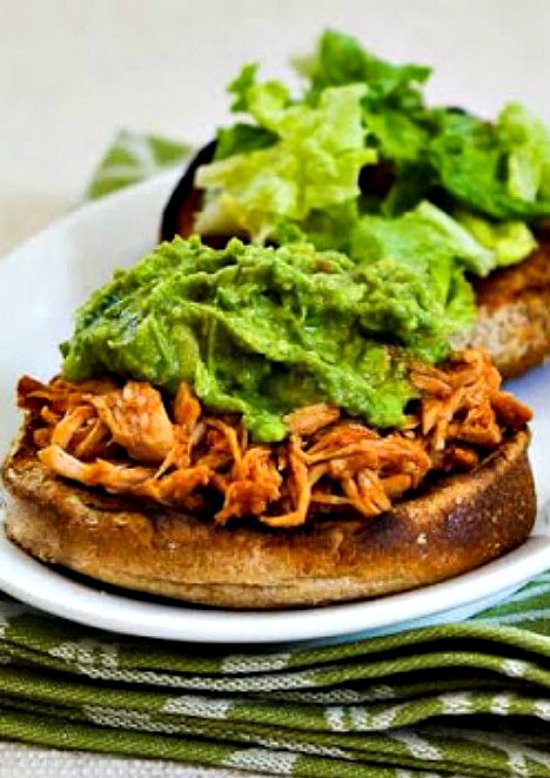 Slow Cooker Sriracha-Pineapple Barbecued Chicken Sandwiches with Easy Guacamole found on KalynsKitchen.com