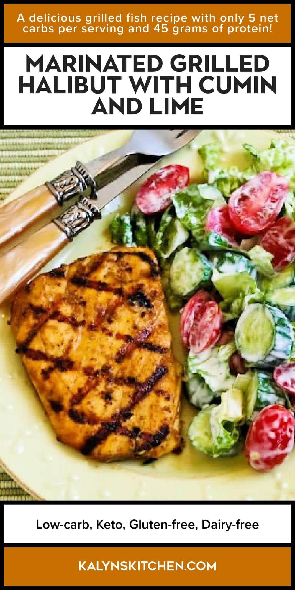 Pinterest image for Marinated Grilled Halibut shown on serving plate with salad.