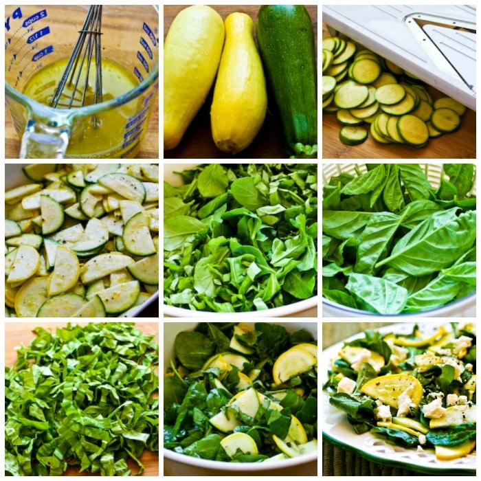 Raw summer squash salad with arugula shots and feta c