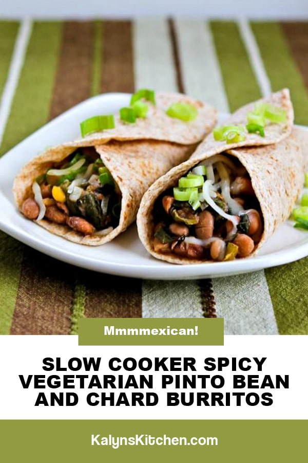 Pinterest image of Slow Cooker Spicy Vegetarian Pinto Bean and Chard Burritos