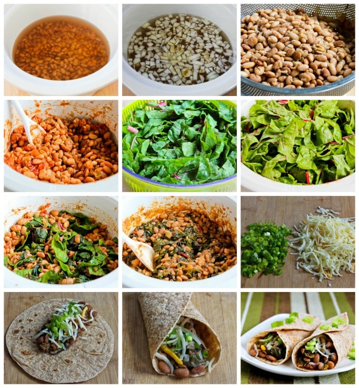 Slow Cooker Spicy Vegetarian Pinto Bean and Chard Burritos process shots collage