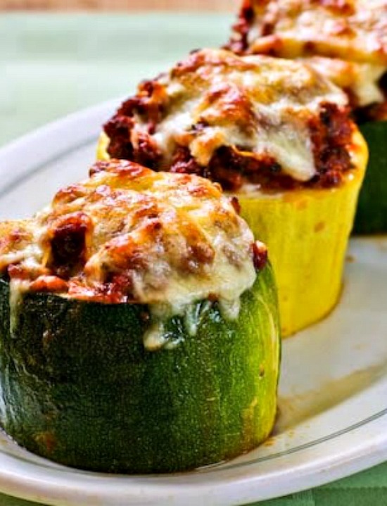 Meat, Tomato, and Mozzarella Stuffed Zucchini Cups found on KalynsKitchen.com