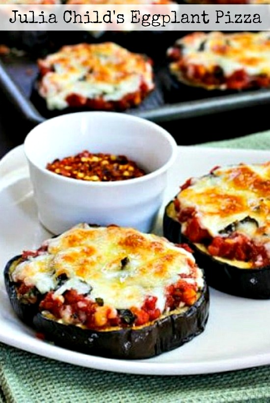 Julia Child's Eggplant Pizzas photo of finished pizzas on plate with text overlay