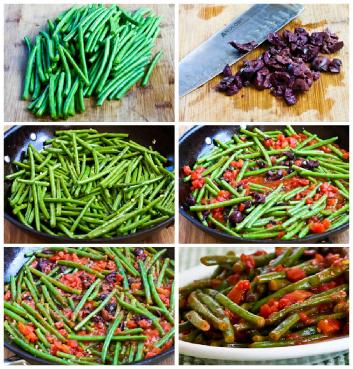 collage of recipe steps for Green Beans with Tomatoes