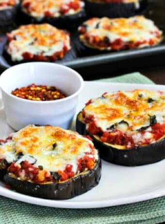 square image of Julia Child's Eggplant Pizza on serving dish