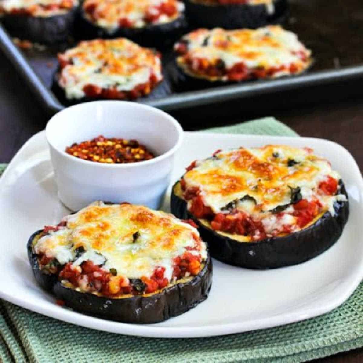 Square picture of Julia Child's eggplant pizza on a serving plate