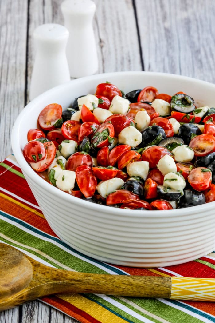 Tomato, Olive, and Fresh Mozzarella Salad in serving bowl