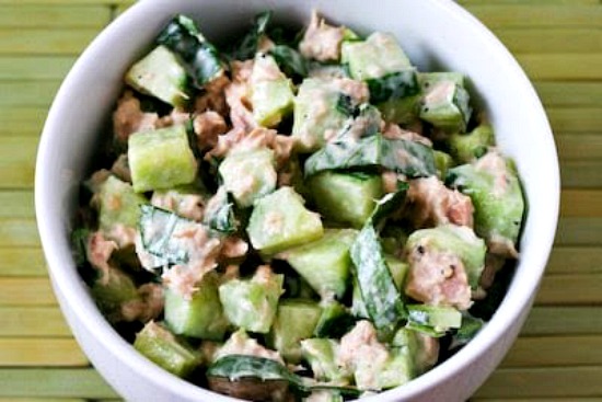 Garden Cucumber Salad with Tuna and Sweet Basil found on KalynsKitchen.com