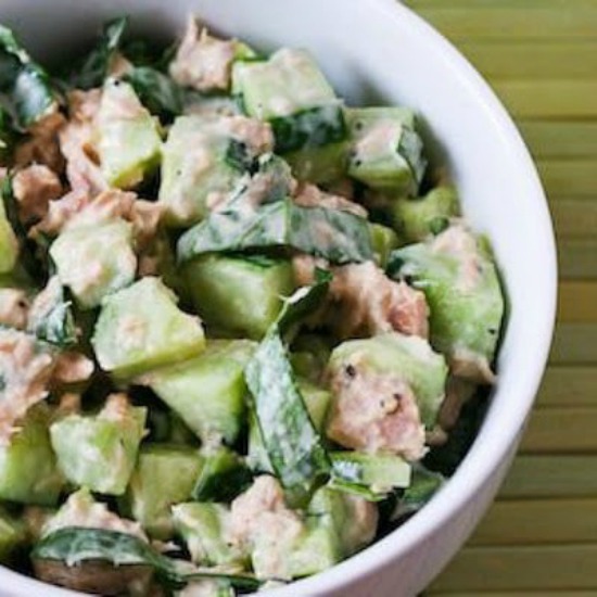 Garden Cucumber Salad with Tuna and Sweet Basil found on KalynsKitchen.com