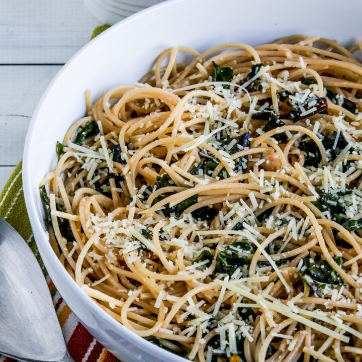 Spaghetti with Garlic, Chard, and Cheese shown in serving bowl.