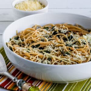 Square image for Spaghetti with Garlic, Chard, and Cheese in serving bowl.