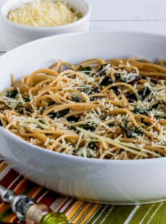 Square image for Spaghetti with Garlic, Chard, and Cheese in serving bowl.