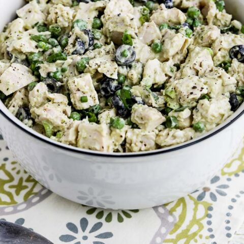 Close-up photo for Low-Carb Chicken Pesto Salad with Olives and Peas