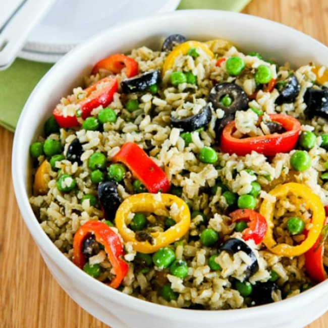 Brown Rice Salad with Olives, Bell Peppers, Peas, and Basil Vinaigrette
