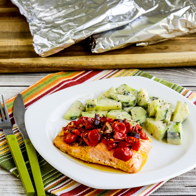 Salmon Foil Packets with Tomatoes and Olives square image of finished dish