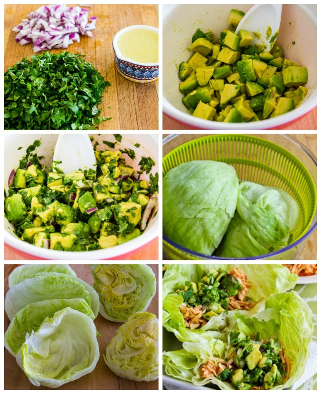 Avocado Salsa and lettuce Photos for Spicy Shredded Chicken Lettuce Wrap Tacos (Instant Pot or Slow Cooker) on KalynsKitchen.com