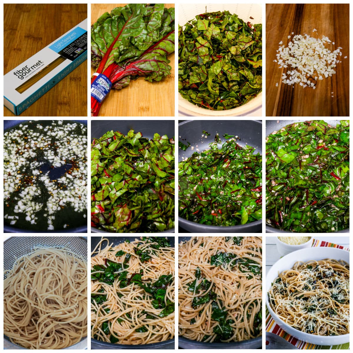 Process shots collage for Spaghetti with Garlic, Chard, and Cheese.