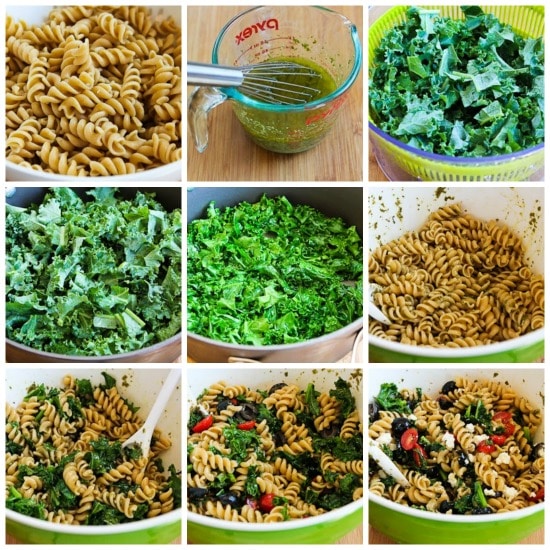 Whole Wheat Pasta Salad with Fried Kale, Tomatoes, Olives, Feta, and Pesto Vinaigrette found on KalynsKitchen.com