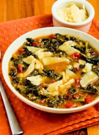 Square image for White Bean and Kale Soup with shaved Parmesan.