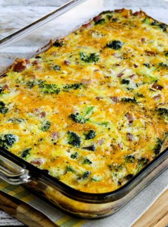 Broccoli, Mushrooms, Ham, and Cheddar Baked with Eggs found on KalynsKitchen.com