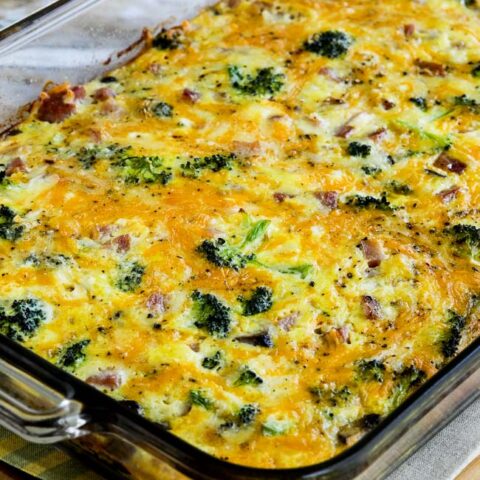 Broccoli, Mushrooms, Ham, and Cheddar Baked with Eggs found on KalynsKitchen.com